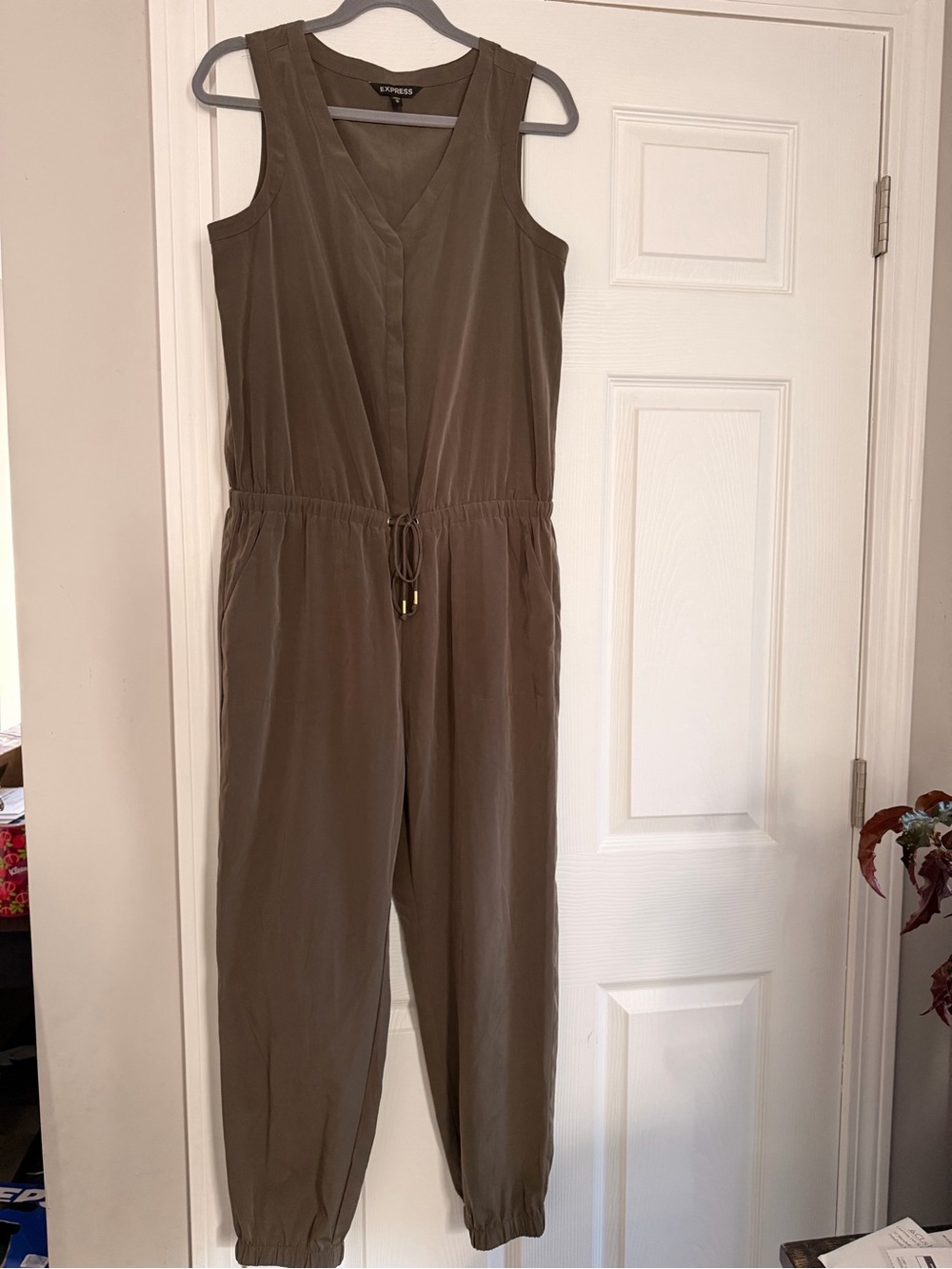 Express Olive Sleeveless Drawstring Jumpsuit